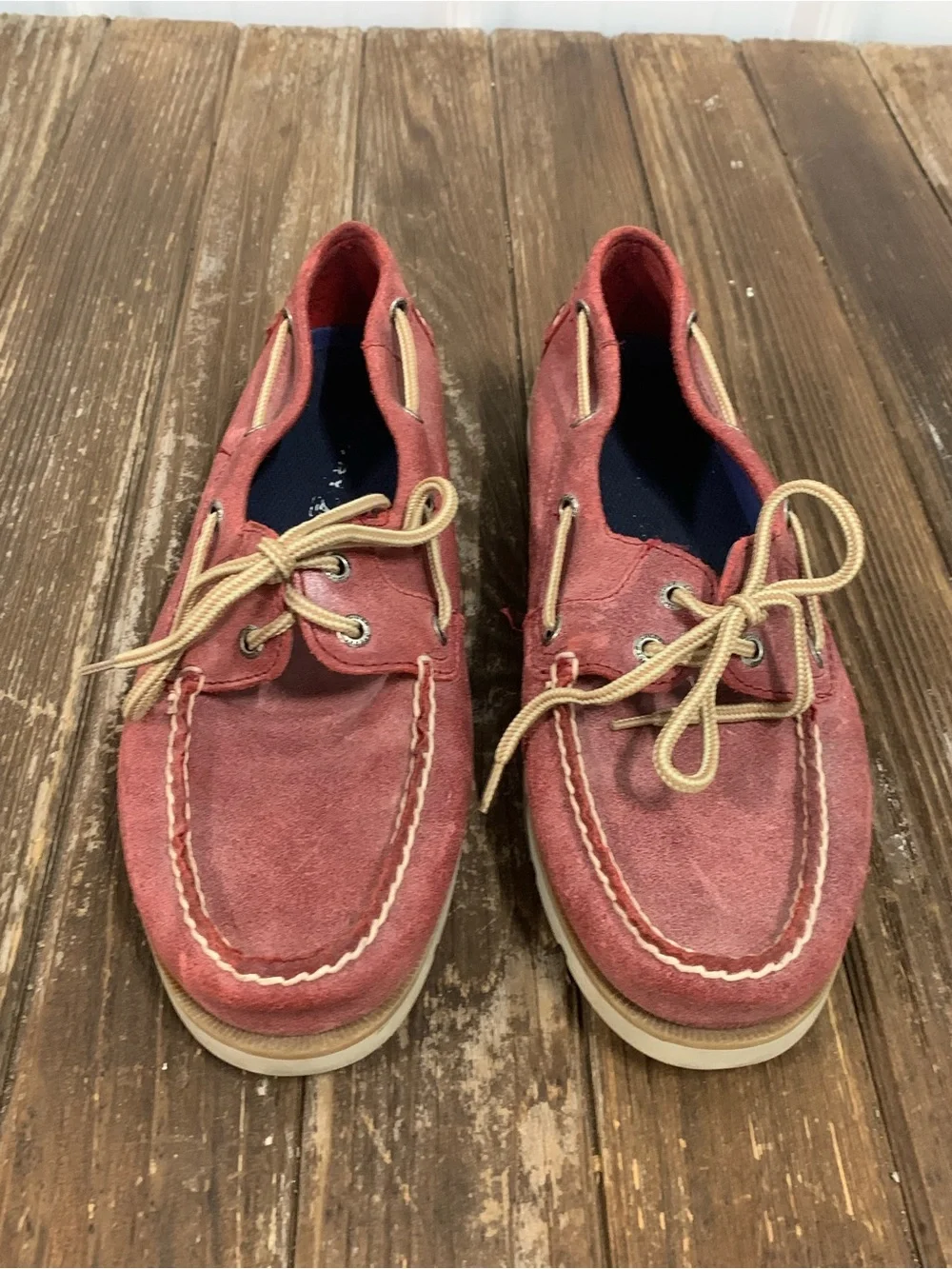 Sperry Distressed Red Leather Boat Shoes with Tan Laces